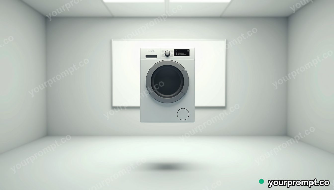 Quartz washing machine balanced on a single invisible point inside an empty classroom · minimal graphic geometry — AI-generated image