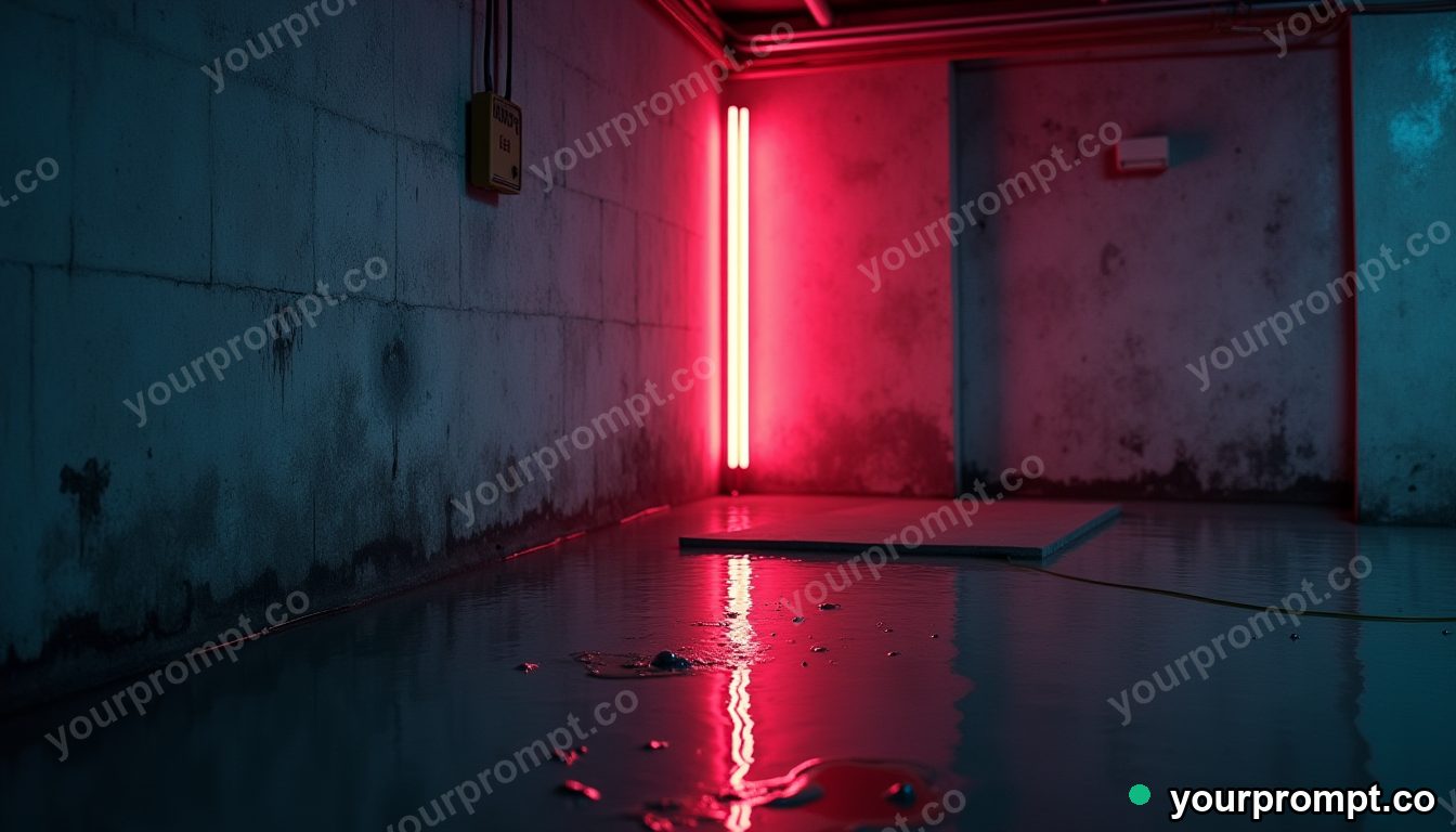 Neon tube crown partly sinking into a perfectly flat floor in a flooded basement corner — 5 AI style variations of one prompt