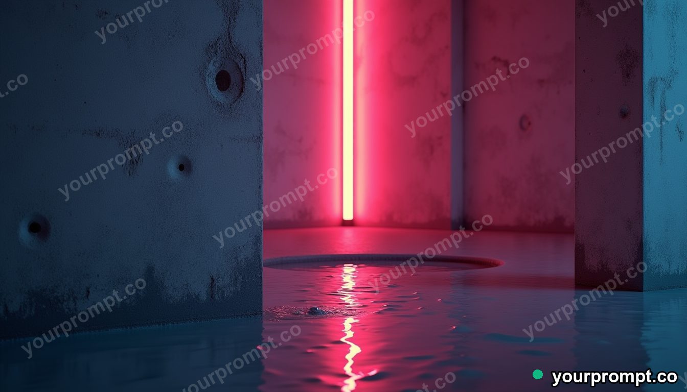 Neon tube crown partly sinking into a perfectly flat floor in a flooded basement corner · premium material editorial — AI-generated image