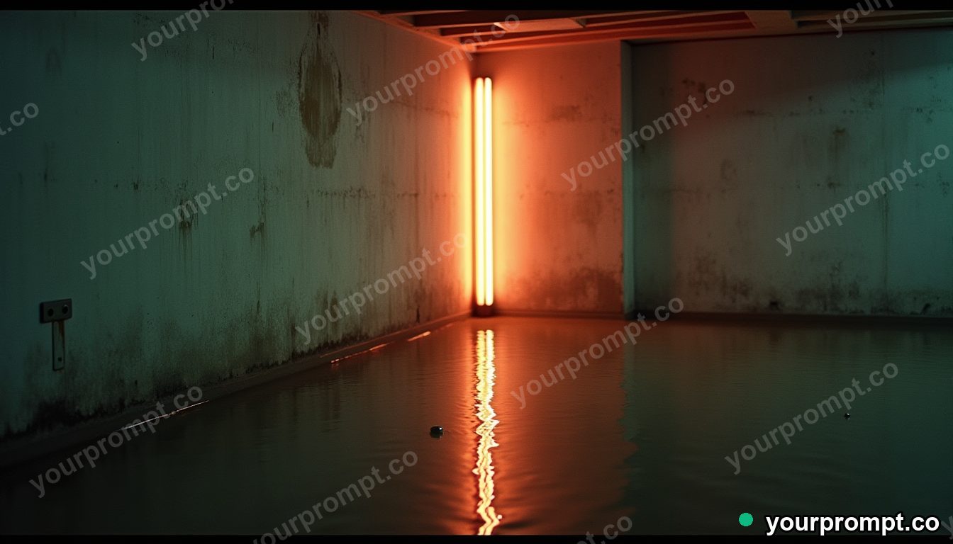 Neon tube crown partly sinking into a perfectly flat floor in a flooded basement corner · analog empty archive — AI-generated image