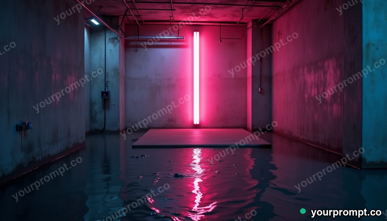 Neon tube crown partly sinking into a perfectly flat floor in a flooded basement corner · impossible physics surreal — AI-generated image