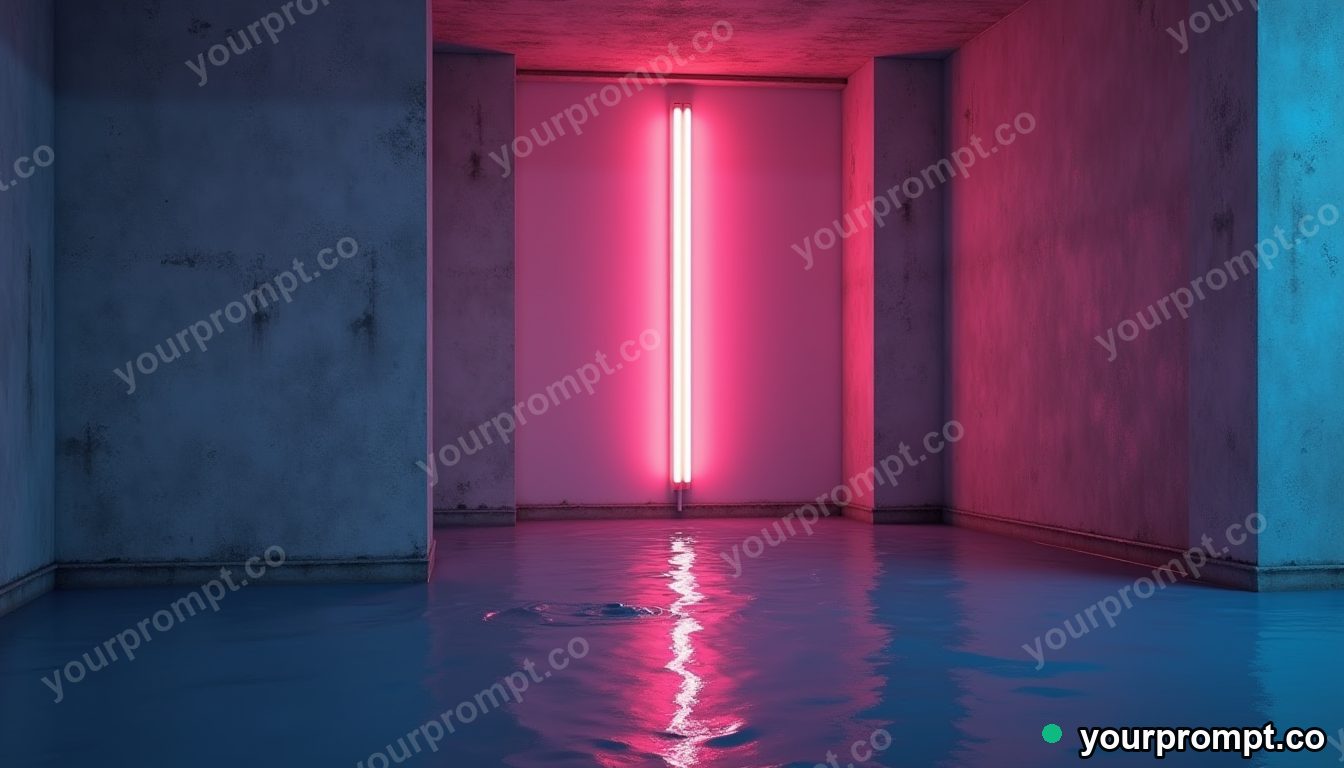 Neon tube crown partly sinking into a perfectly flat floor in a flooded basement corner · minimal graphic geometry — AI-generated image