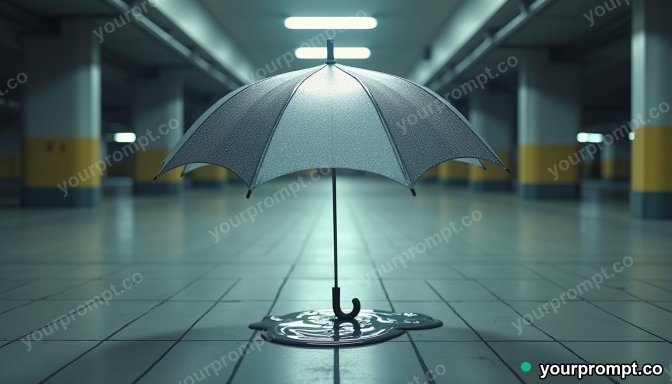 Silver umbrella melting into geometric tiles inside a deserted parking level — 5 AI style variations of one prompt