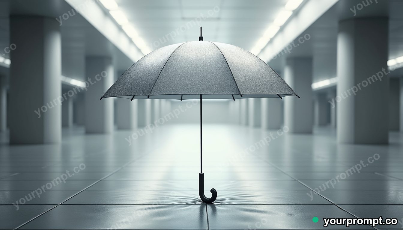 Silver umbrella melting into geometric tiles inside a deserted parking level · premium material editorial — AI-generated image