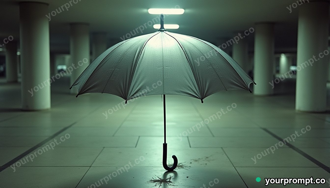 Silver umbrella melting into geometric tiles inside a deserted parking level · analog empty archive — AI-generated image