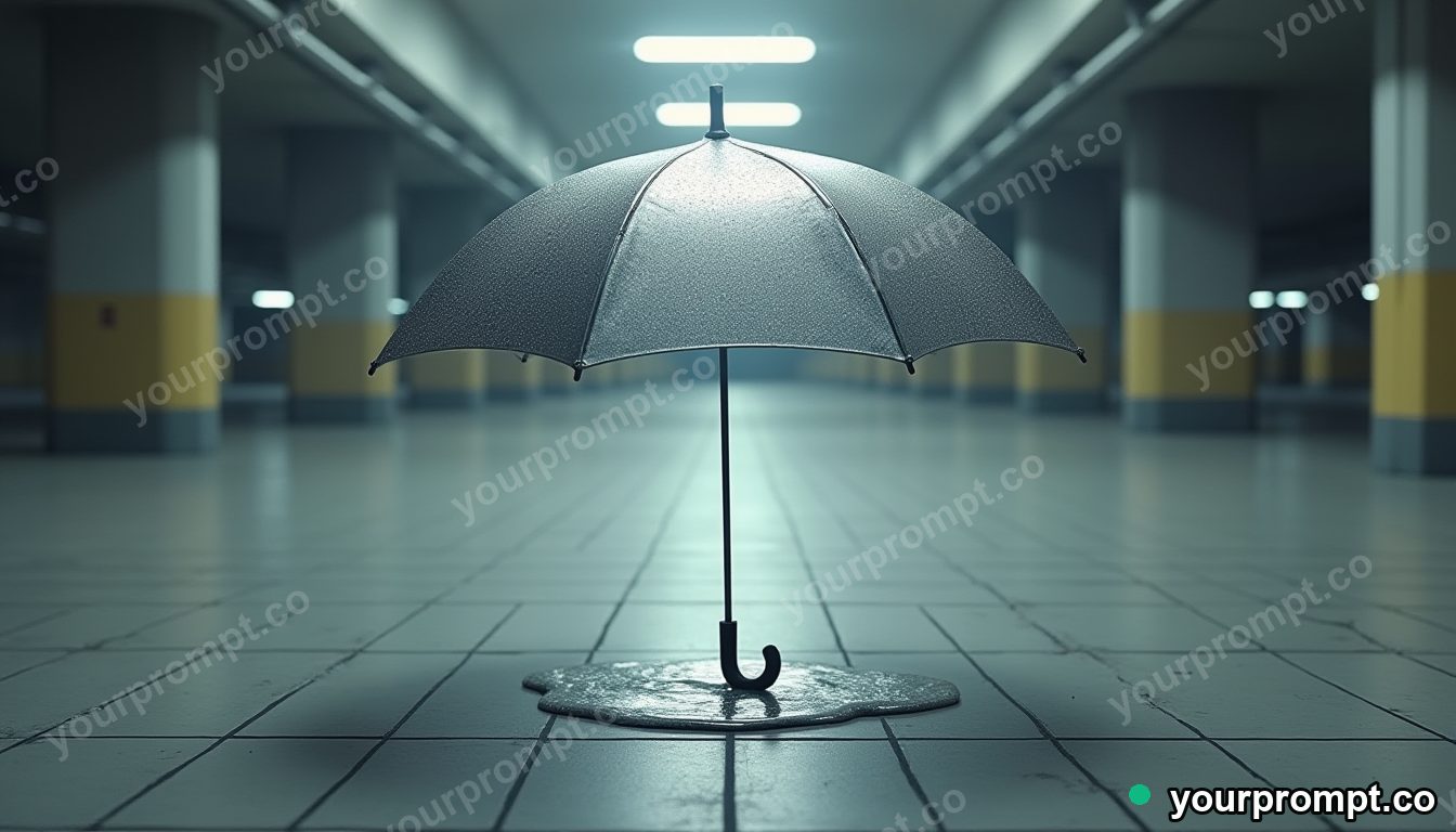 Silver umbrella melting into geometric tiles inside a deserted parking level · impossible physics surreal — AI-generated image