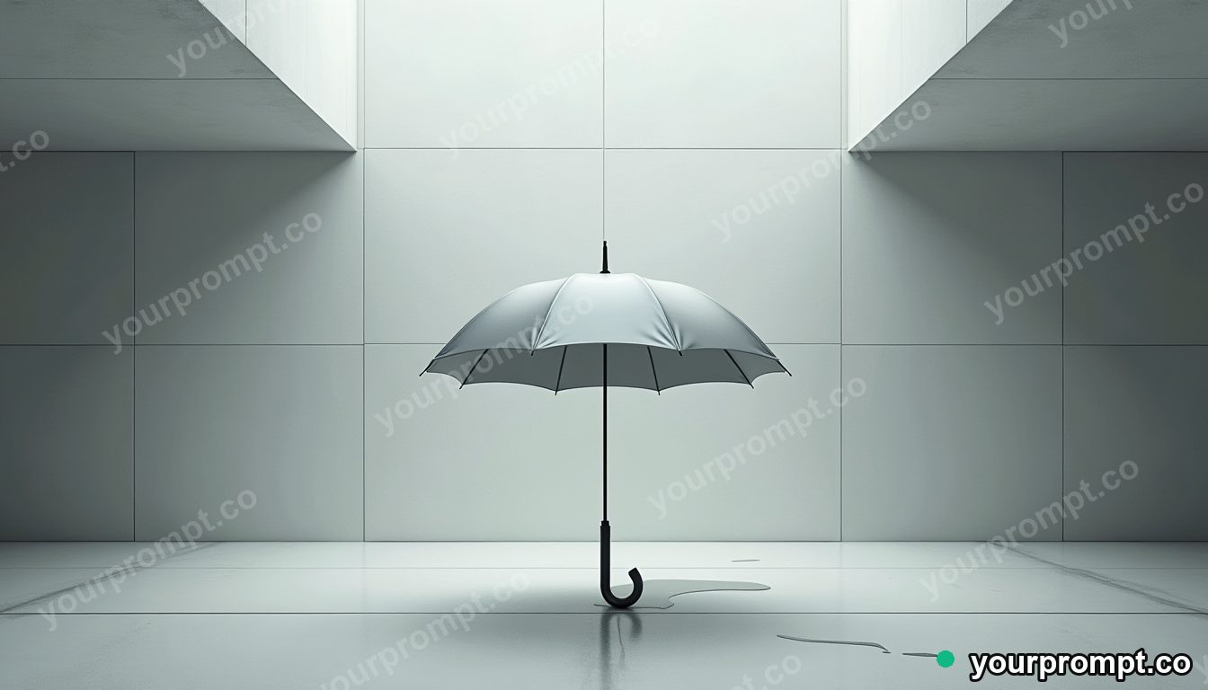 Silver umbrella melting into geometric tiles inside a deserted parking level · minimal graphic geometry — AI-generated image