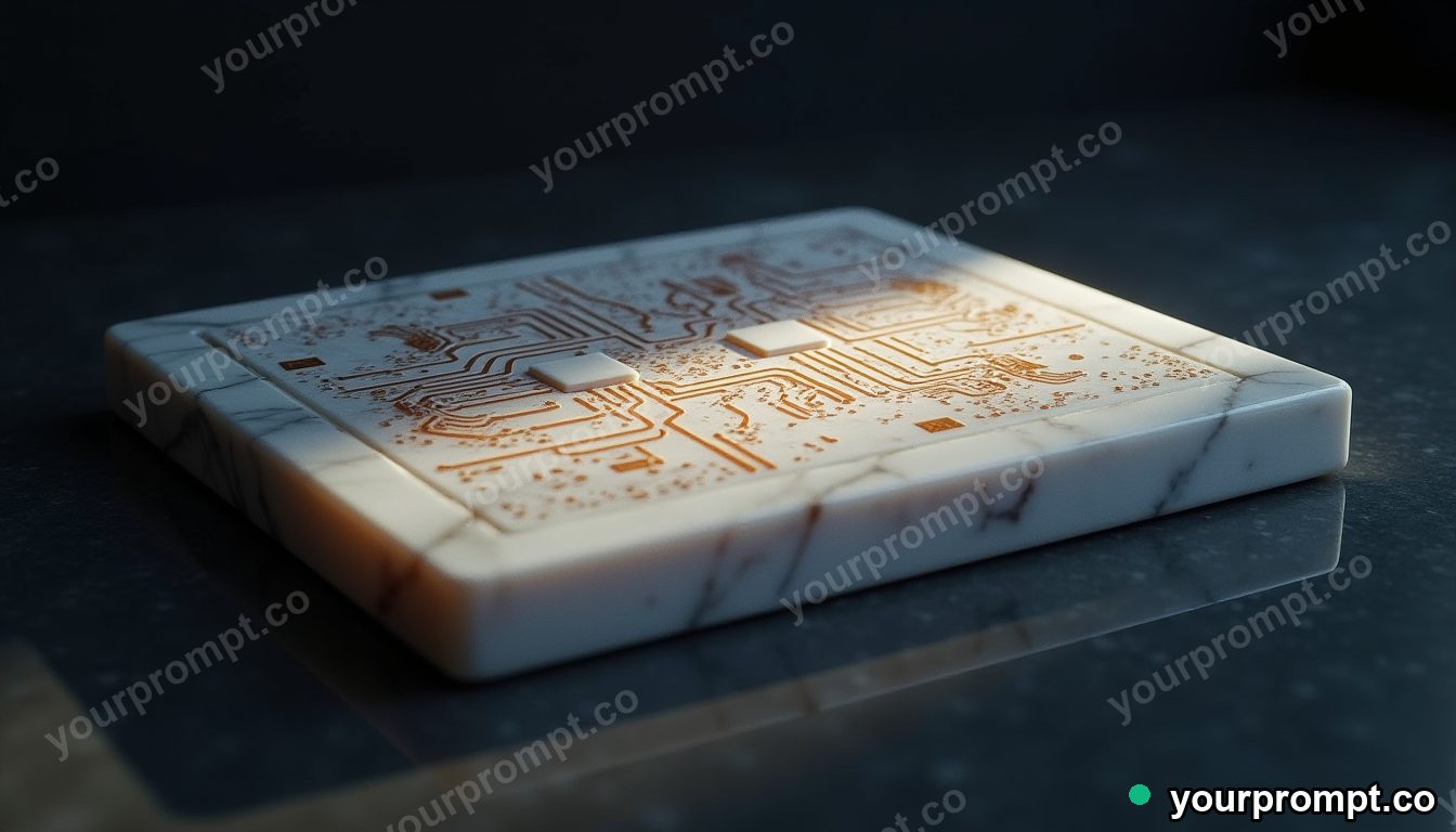 Marble circuit board casting a reflection with the wrong color under a single streetlight · premium material editorial — AI-generated image