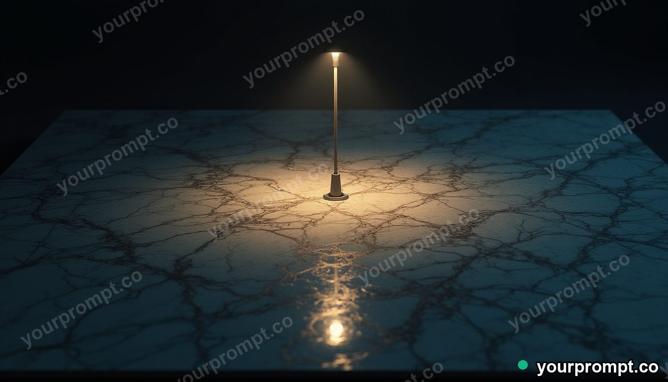 Marble circuit board casting a reflection with the wrong color under a single streetlight · impossible physics surreal — AI-generated image