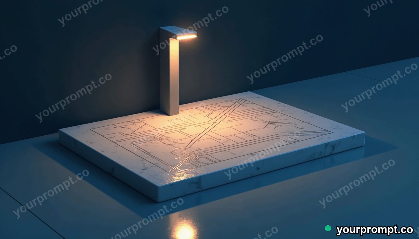 Marble circuit board casting a reflection with the wrong color under a single streetlight · minimal graphic geometry — AI-generated image