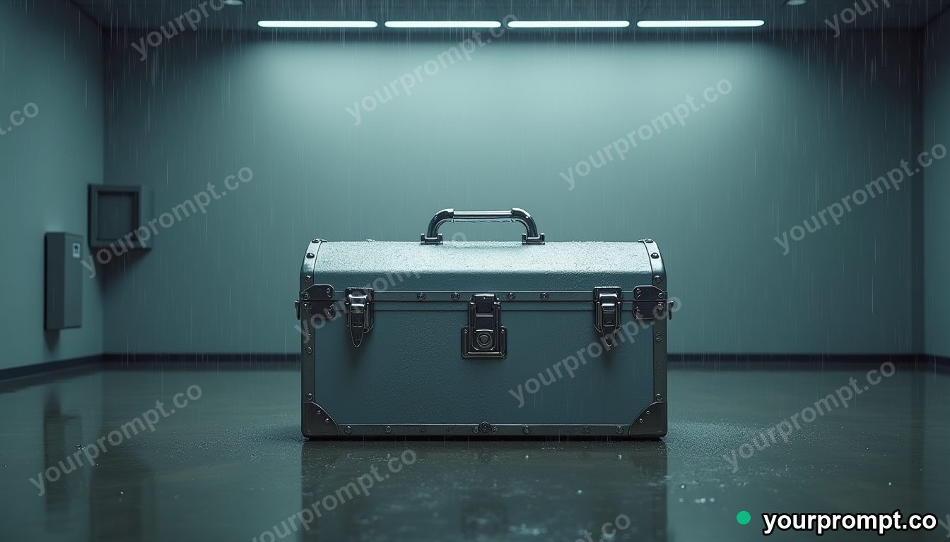 Silver toolbox covered with rain only on one side inside a blank office room — 5 AI style variations of one prompt