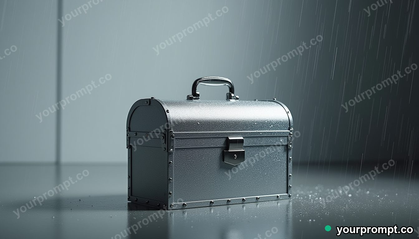 Silver toolbox covered with rain only on one side inside a blank office room · premium material editorial — AI-generated image