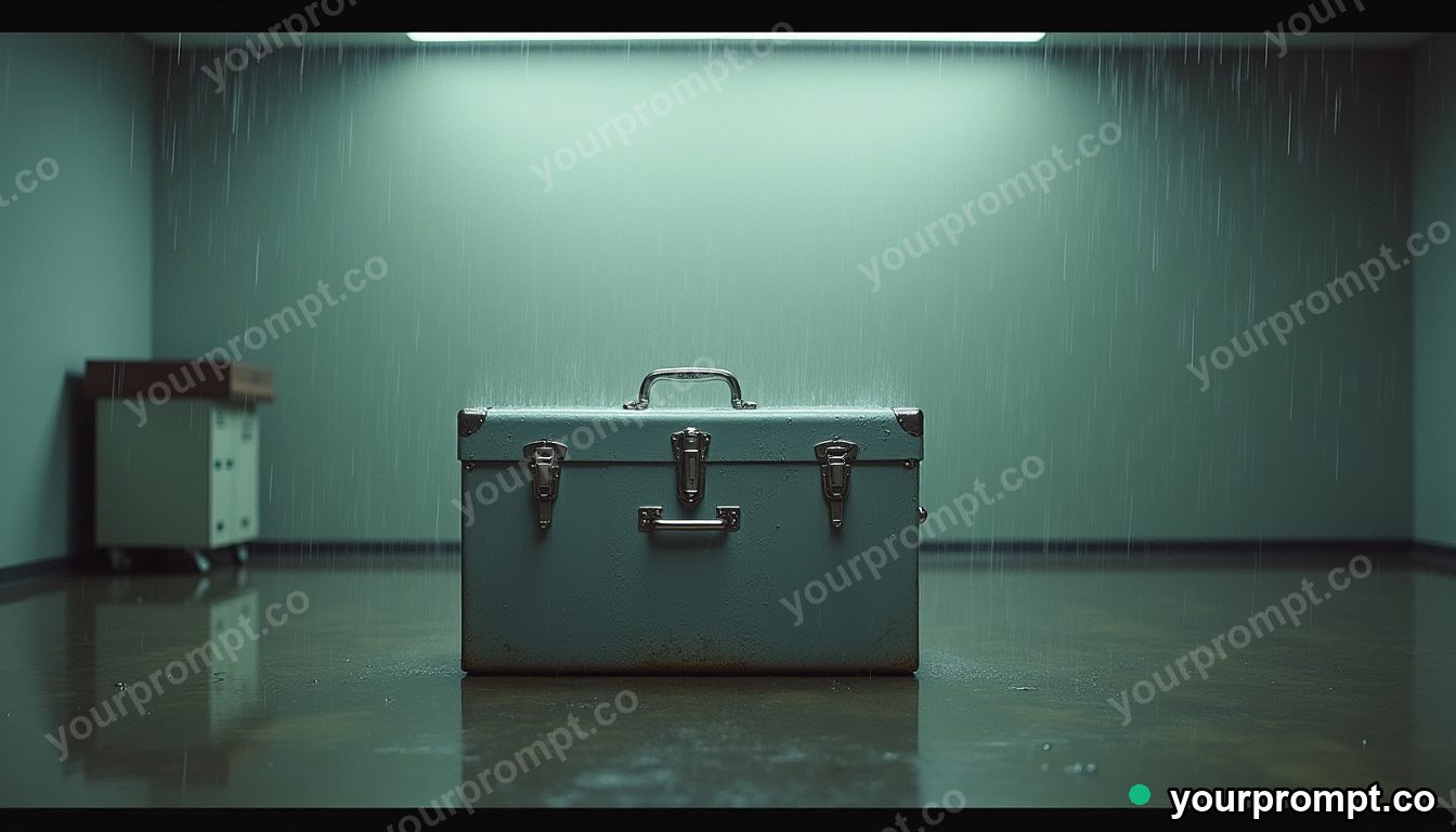 Silver toolbox covered with rain only on one side inside a blank office room · analog empty archive — AI-generated image