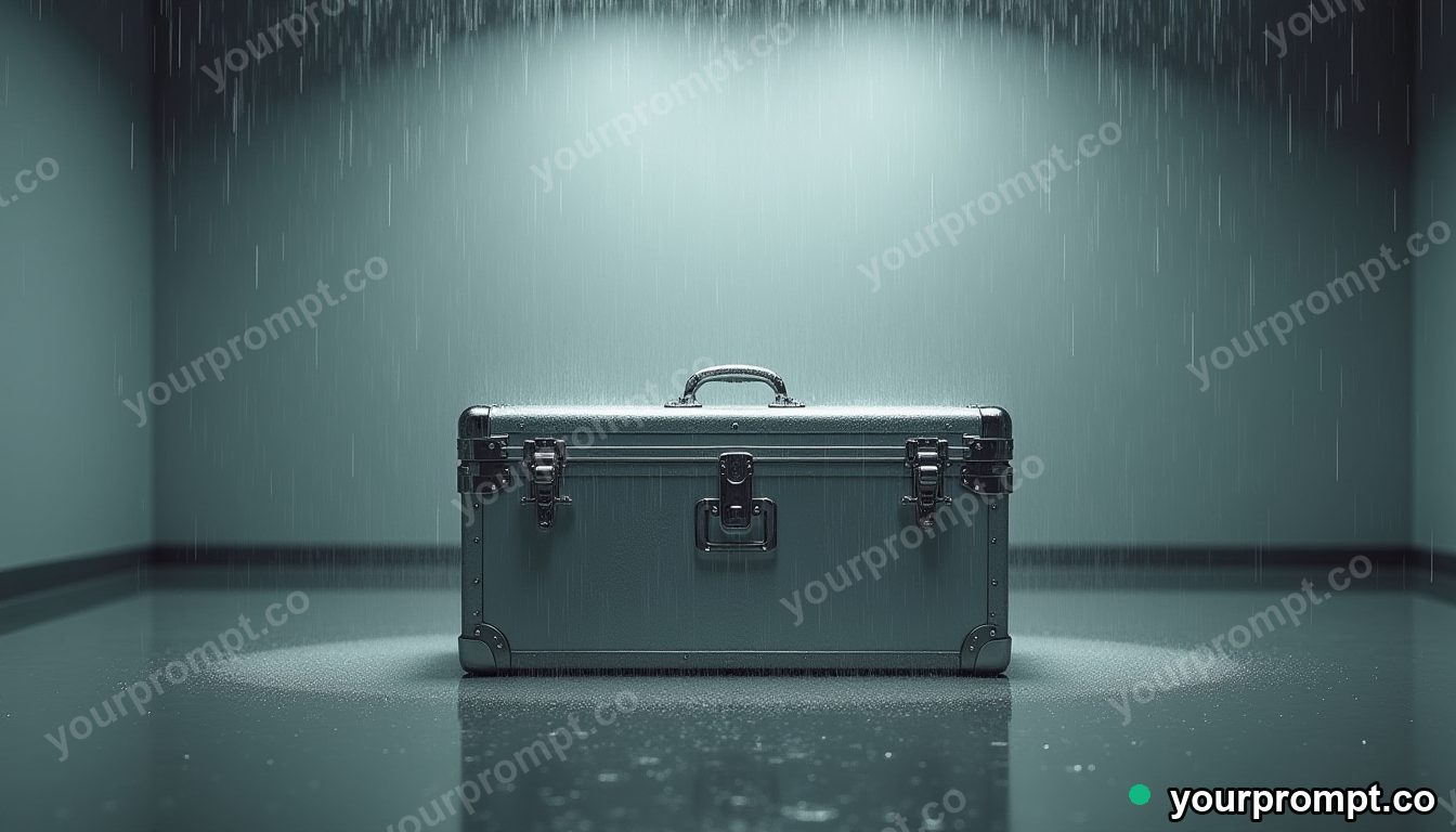 Silver toolbox covered with rain only on one side inside a blank office room · impossible physics surreal — AI-generated image