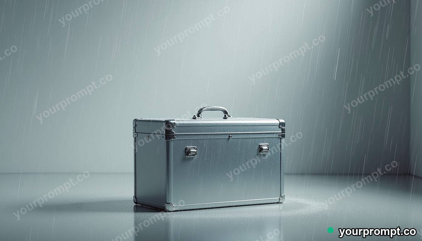 Silver toolbox covered with rain only on one side inside a blank office room · minimal graphic geometry — AI-generated image