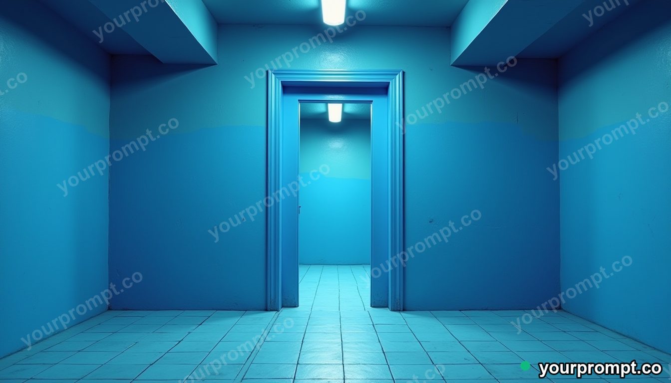Blue doorframe melting into geometric tiles inside a deserted parking level — 5 AI style variations of one prompt