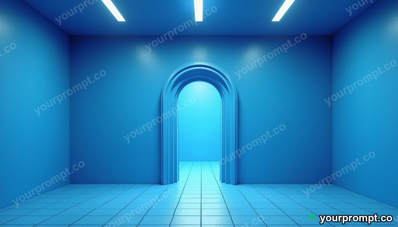Blue doorframe melting into geometric tiles inside a deserted parking level · premium material editorial — AI-generated image