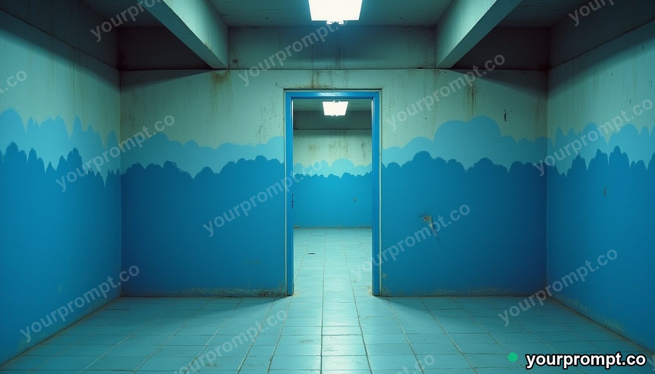 Blue doorframe melting into geometric tiles inside a deserted parking level · analog empty archive — AI-generated image
