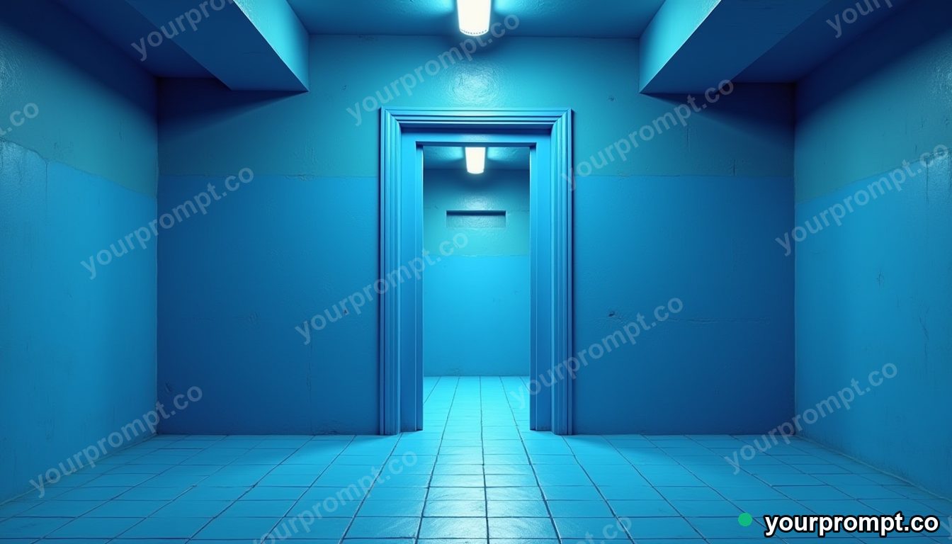 Blue doorframe melting into geometric tiles inside a deserted parking level · impossible physics surreal — AI-generated image