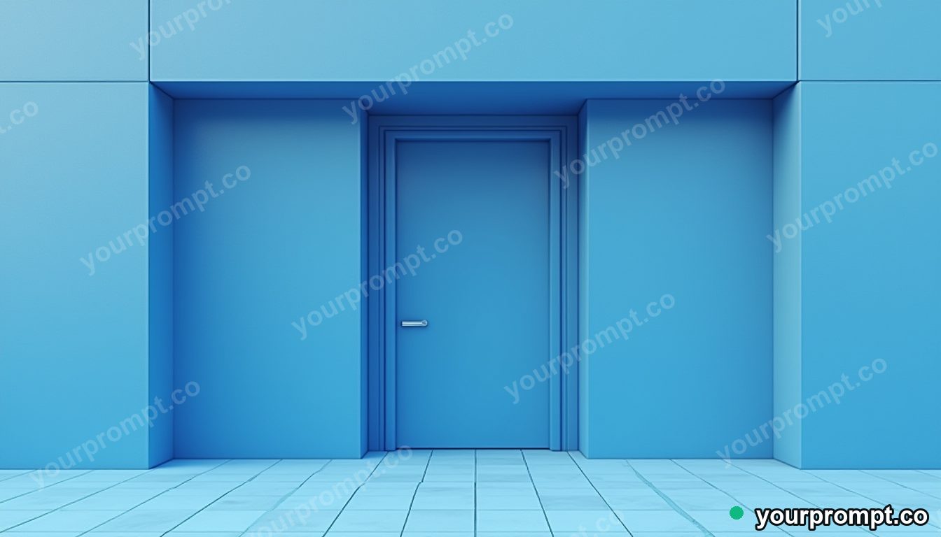 Blue doorframe melting into geometric tiles inside a deserted parking level · minimal graphic geometry — AI-generated image