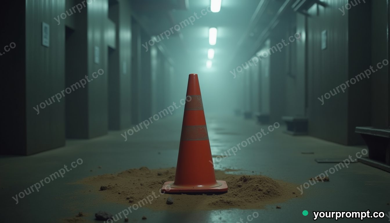 Velvet traffic cone standing in a circle of dry dust in a foggy utility corridor — 5 AI style variations of one prompt