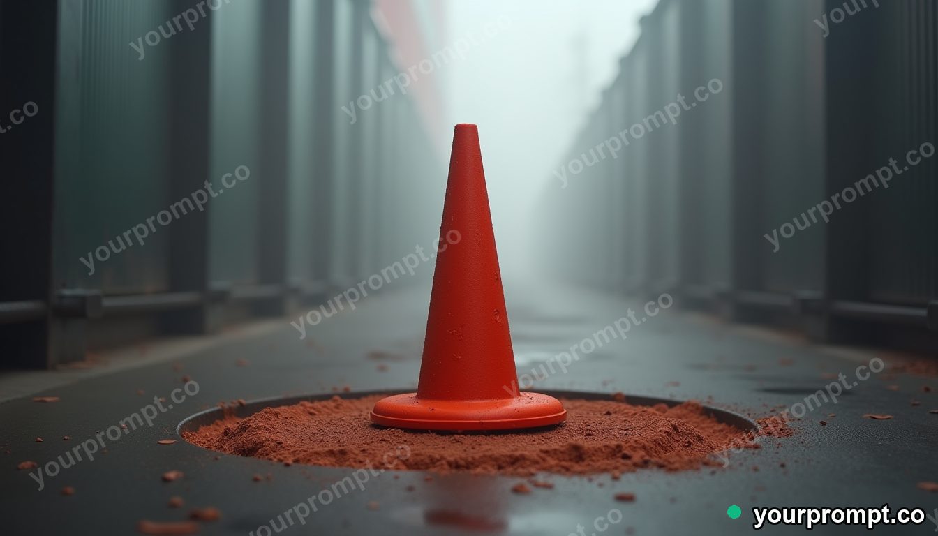 Velvet traffic cone standing in a circle of dry dust in a foggy utility corridor · premium material editorial — AI-generated image