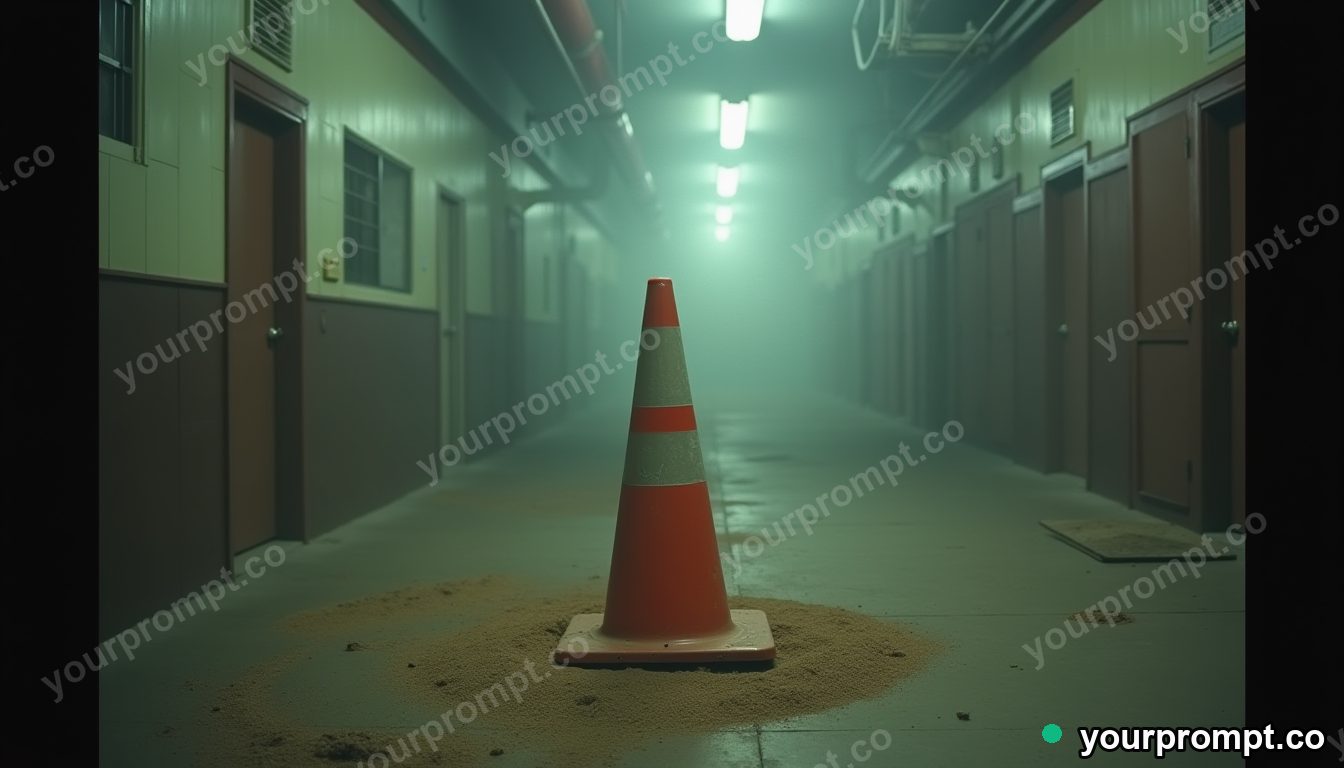 Velvet traffic cone standing in a circle of dry dust in a foggy utility corridor · analog empty archive — AI-generated image
