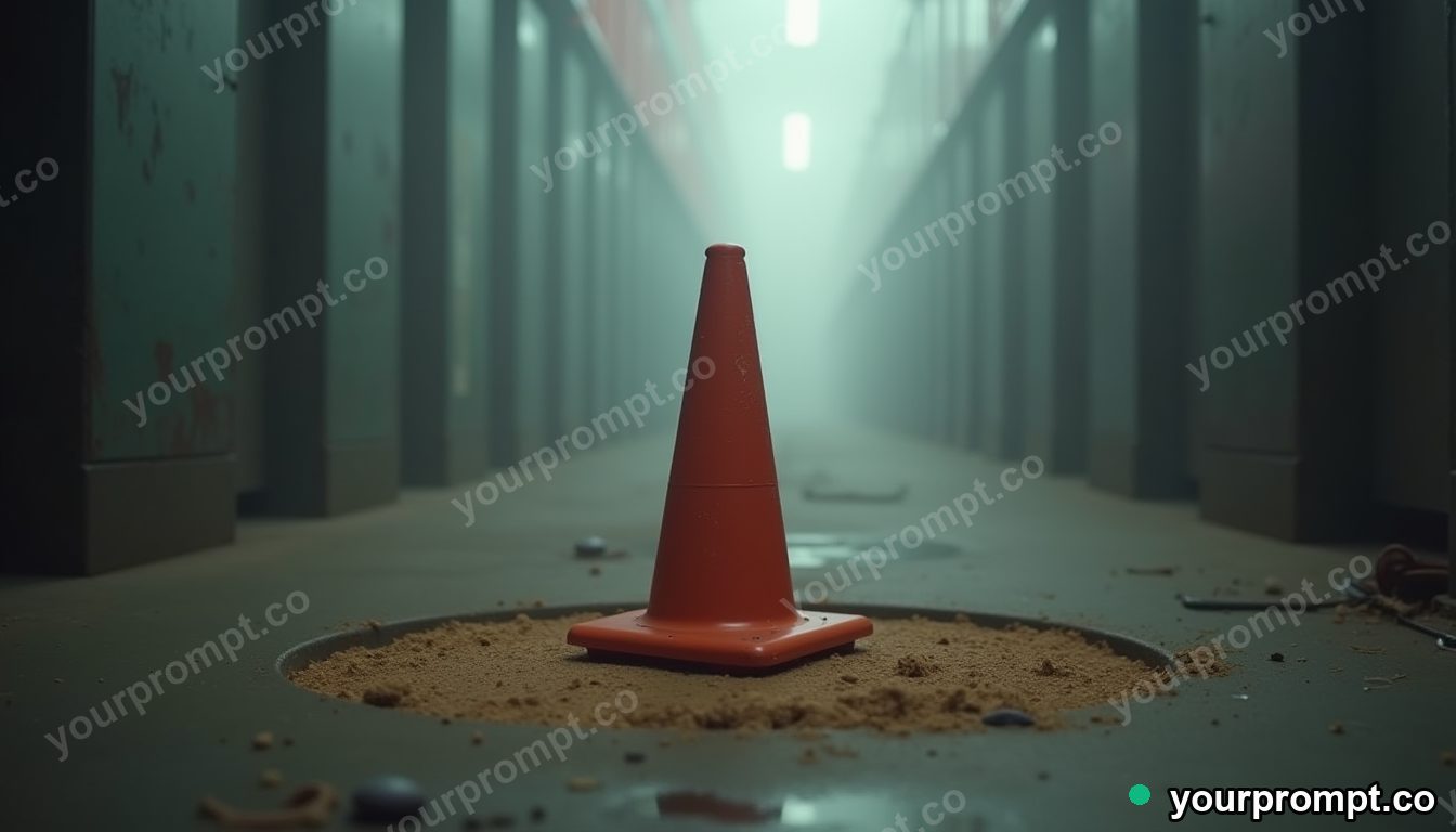 Velvet traffic cone standing in a circle of dry dust in a foggy utility corridor · impossible physics surreal — AI-generated image
