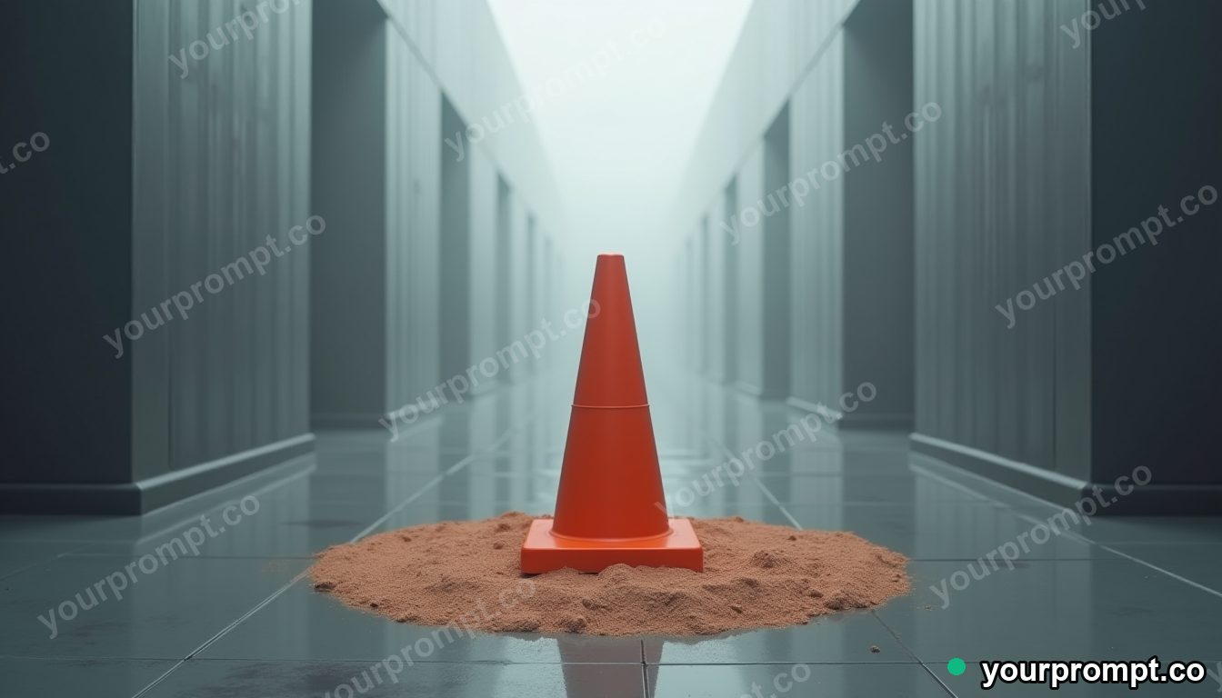 Velvet traffic cone standing in a circle of dry dust in a foggy utility corridor · minimal graphic geometry — AI-generated image