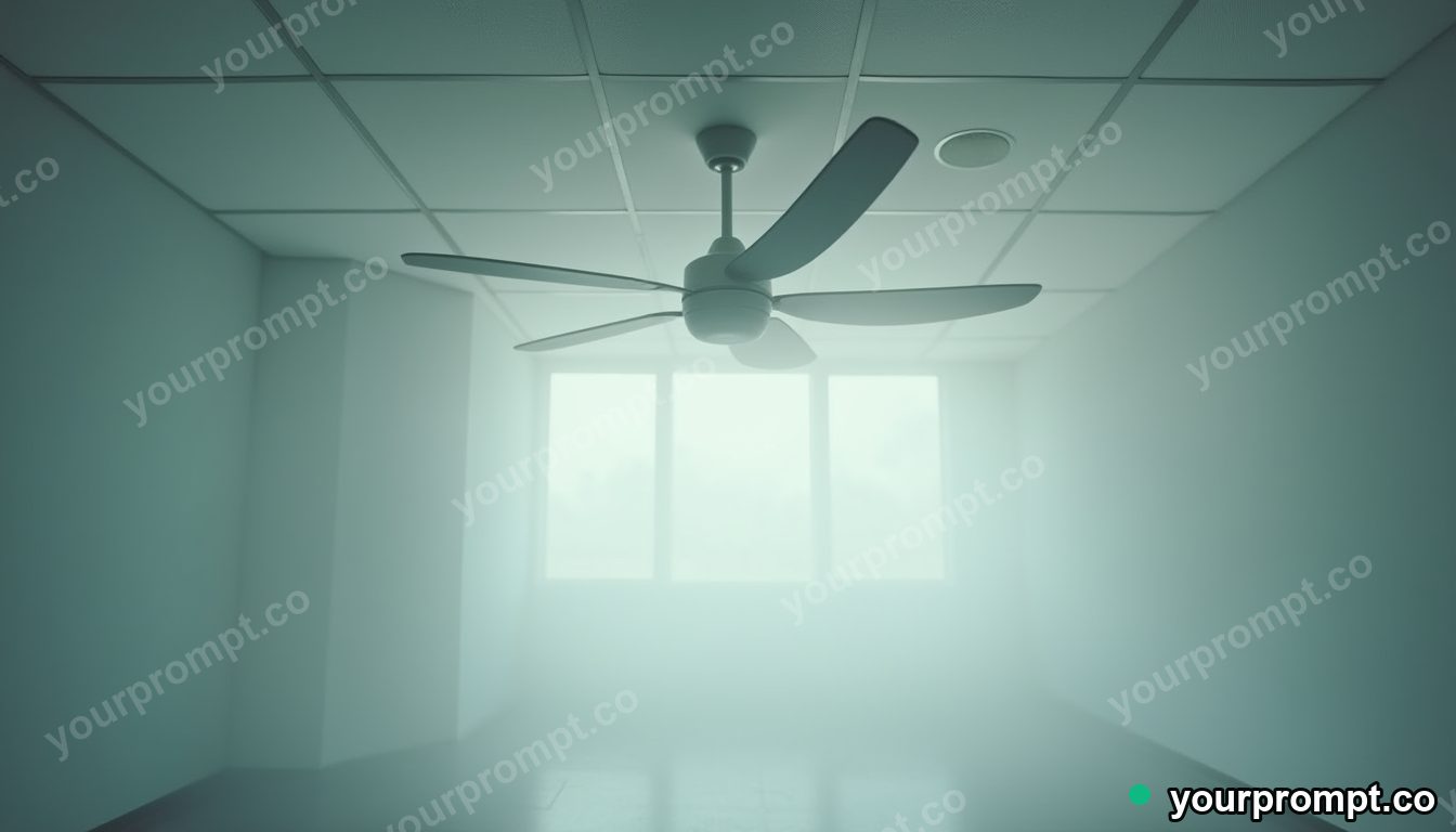 Vinyl ceiling fan filled with pale fog from within inside a blank office room — 5 AI style variations of one prompt
