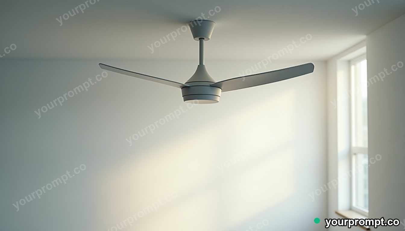 Vinyl ceiling fan filled with pale fog from within inside a blank office room · premium material editorial — AI-generated image