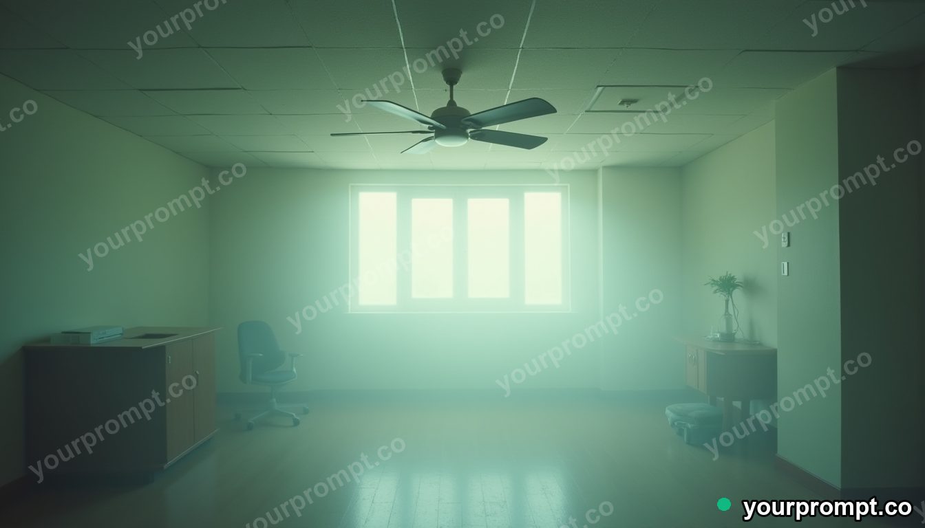 Vinyl ceiling fan filled with pale fog from within inside a blank office room · analog empty archive — AI-generated image