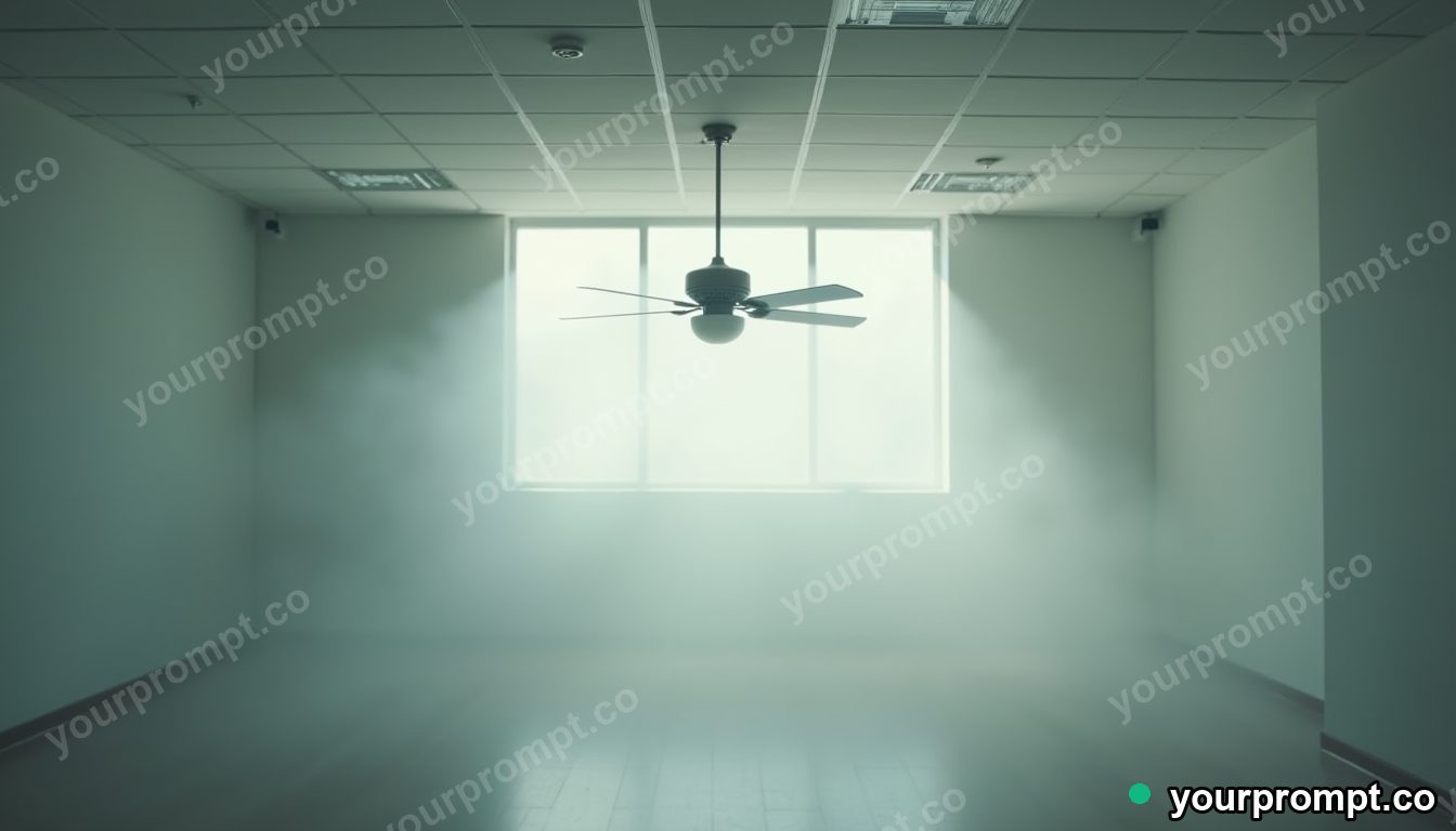 Vinyl ceiling fan filled with pale fog from within inside a blank office room · impossible physics surreal — AI-generated image