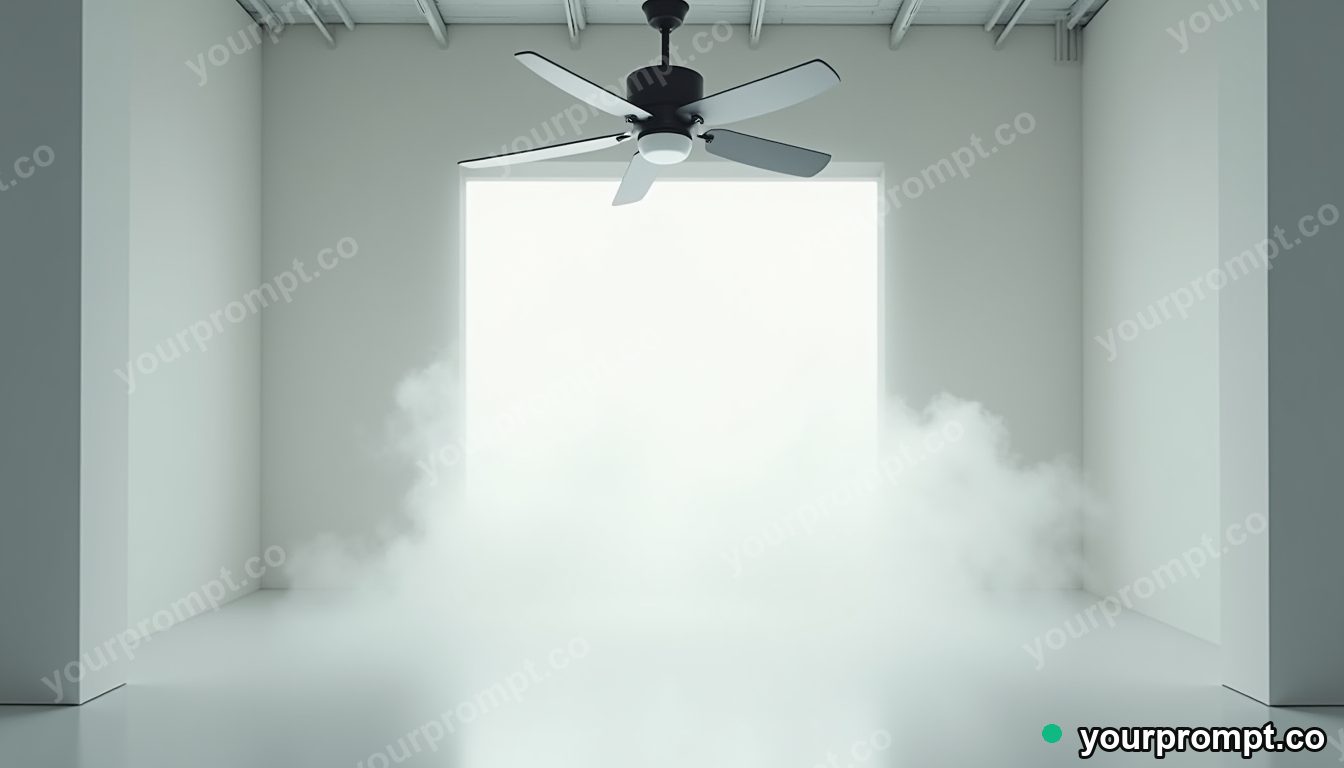 Vinyl ceiling fan filled with pale fog from within inside a blank office room · minimal graphic geometry — AI-generated image