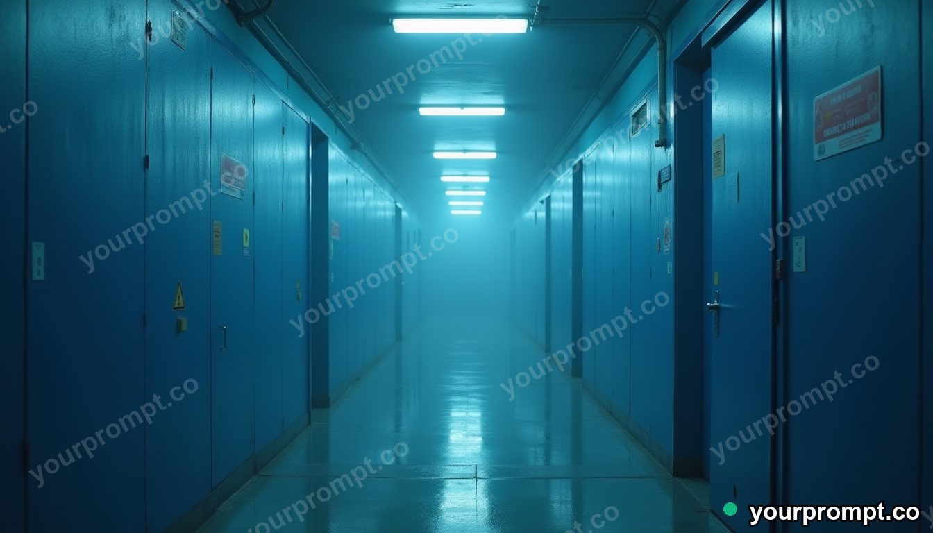 Blue doorframe slowly turning into polished stone in a foggy utility corridor — 5 AI style variations of one prompt