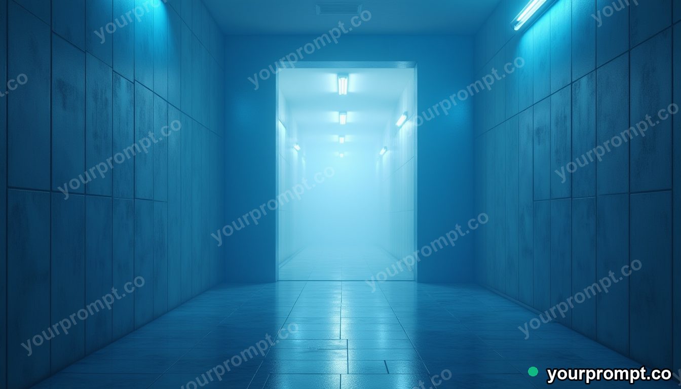 Blue doorframe slowly turning into polished stone in a foggy utility corridor · premium material editorial — AI-generated image