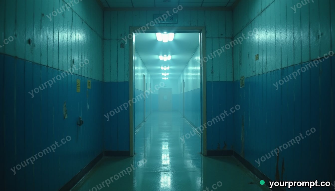 Blue doorframe slowly turning into polished stone in a foggy utility corridor · analog empty archive — AI-generated image