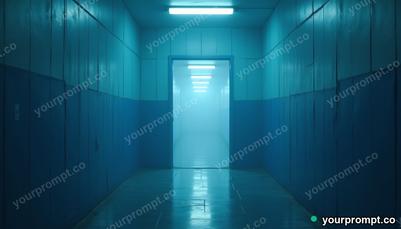 Blue doorframe slowly turning into polished stone in a foggy utility corridor · impossible physics surreal — AI-generated image