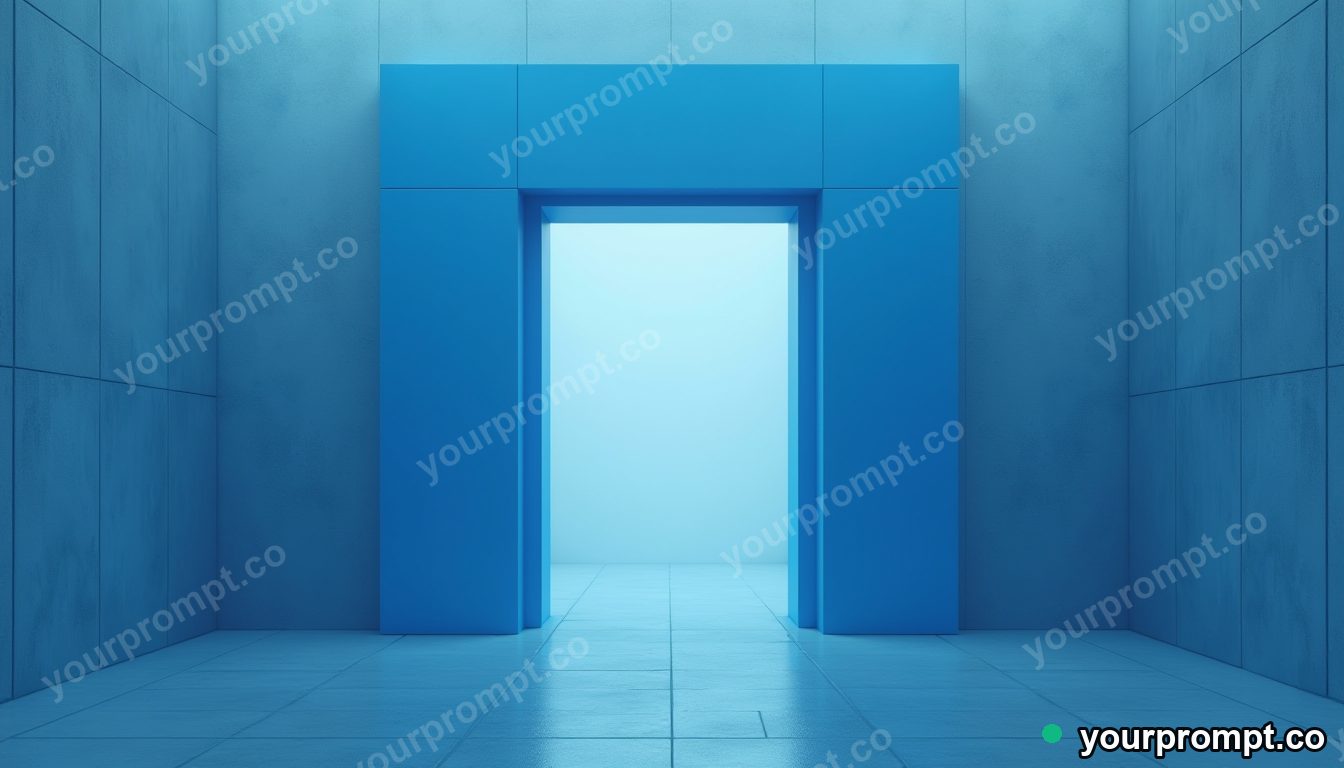 Blue doorframe slowly turning into polished stone in a foggy utility corridor · minimal graphic geometry — AI-generated image
