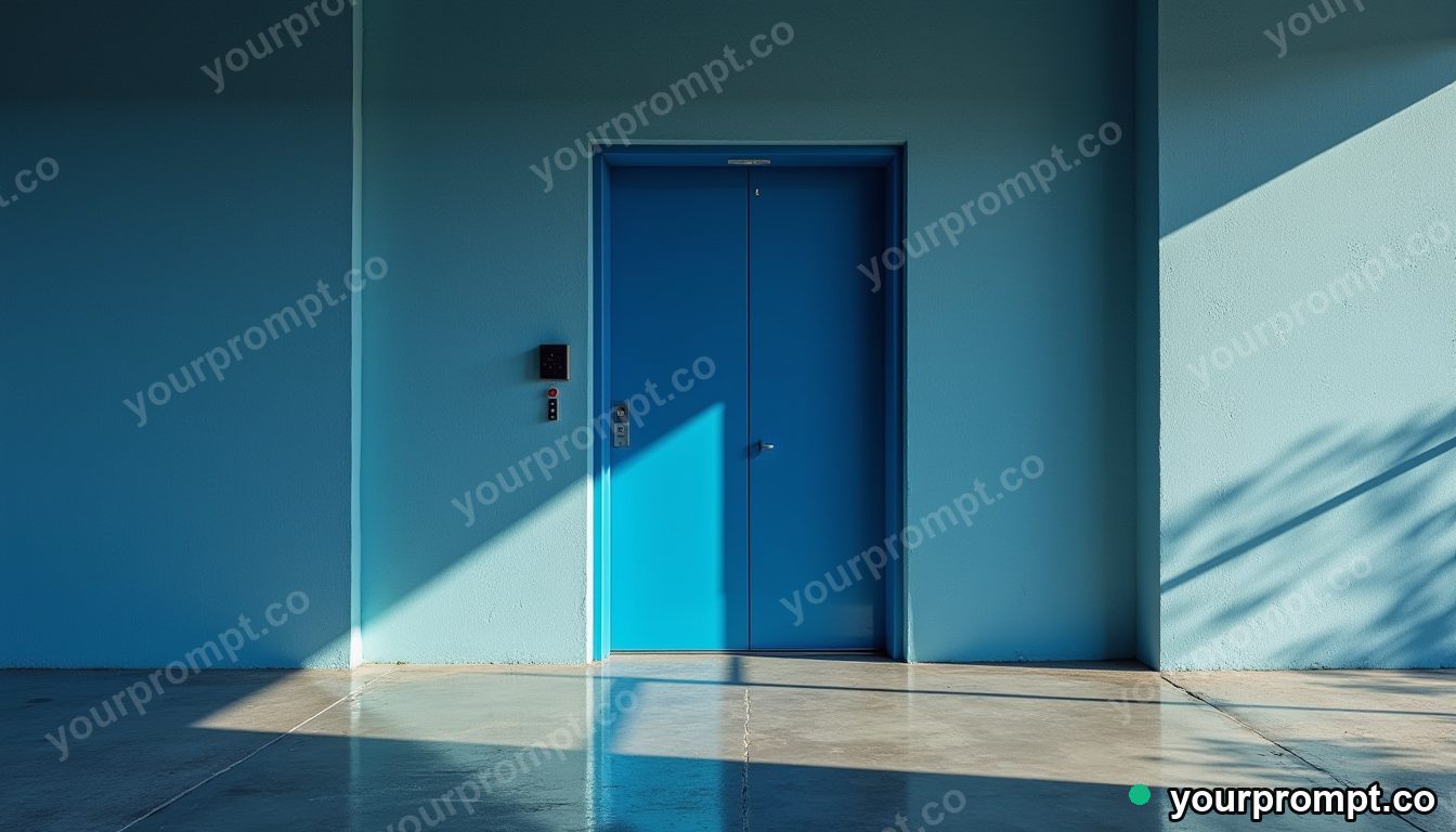 Blue elevator door casting a reflection with the wrong color on a dry concrete plaza — 5 AI style variations of one prompt