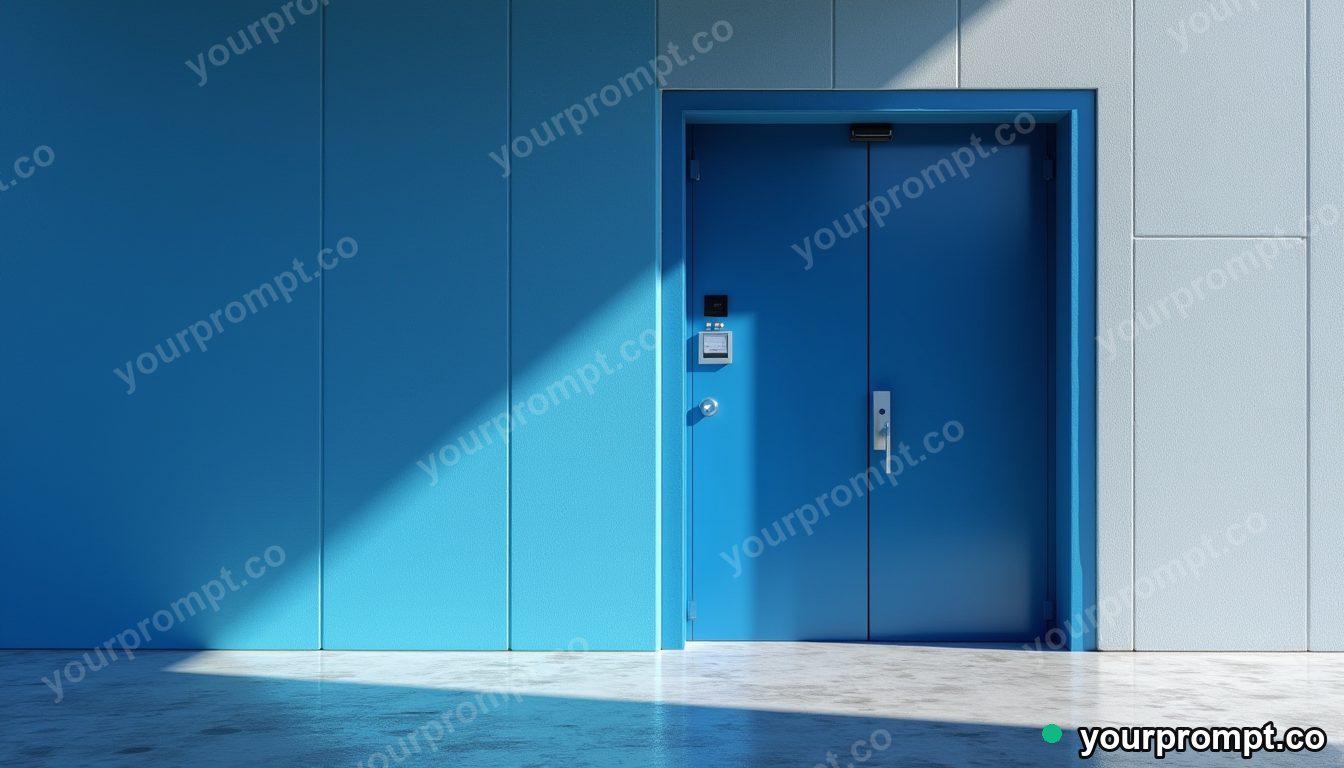 Blue elevator door casting a reflection with the wrong color on a dry concrete plaza · premium material editorial — AI-generated image