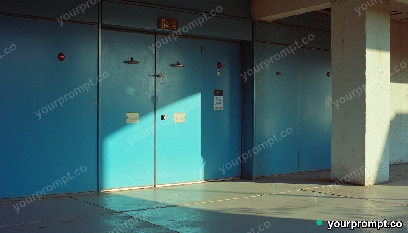 Blue elevator door casting a reflection with the wrong color on a dry concrete plaza · analog empty archive — AI-generated image