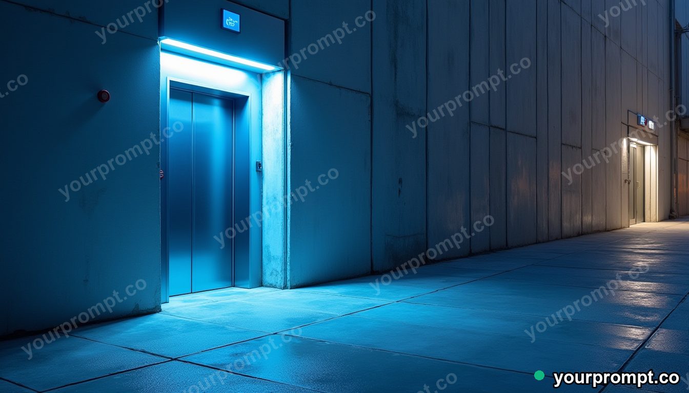 Blue elevator door casting a reflection with the wrong color on a dry concrete plaza · impossible physics surreal — AI-generated image