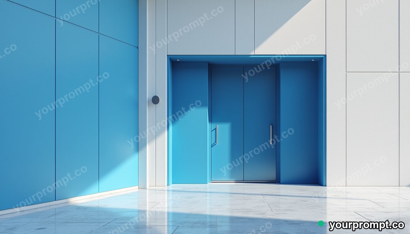 Blue elevator door casting a reflection with the wrong color on a dry concrete plaza · minimal graphic geometry — AI-generated image