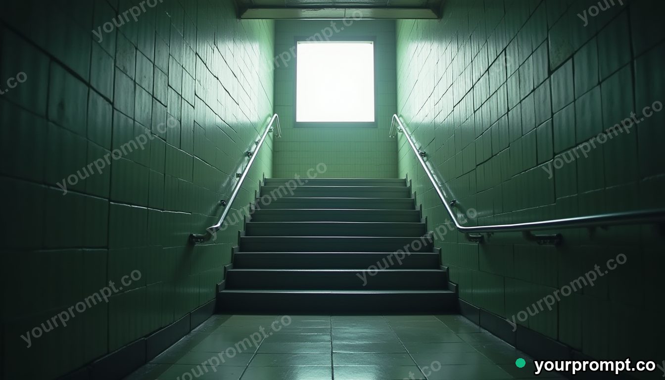 Glass ladder resting under a square patch of artificial sunlight inside an empty underground station — 5 AI style variations of one prompt