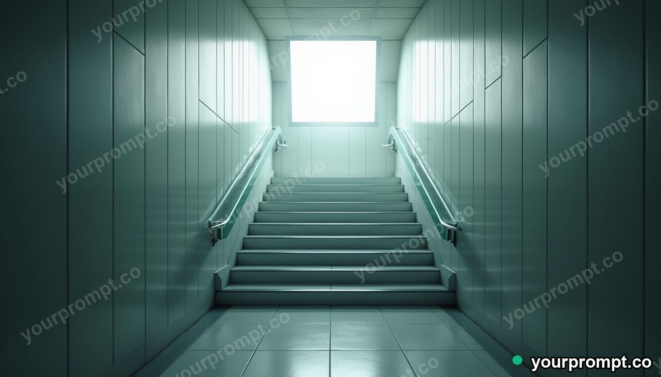 Glass ladder resting under a square patch of artificial sunlight inside an empty underground station · premium material editorial — AI-generated image