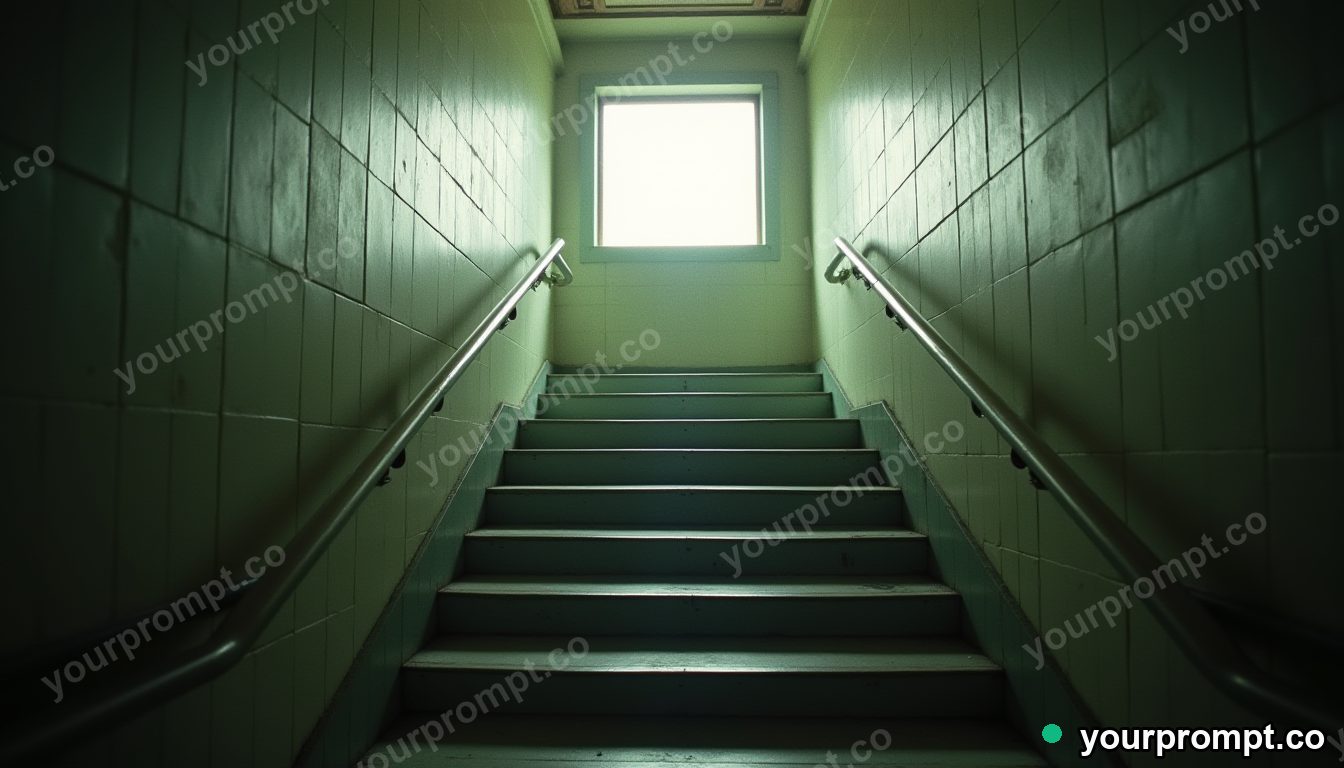 Glass ladder resting under a square patch of artificial sunlight inside an empty underground station · analog empty archive — AI-generated image