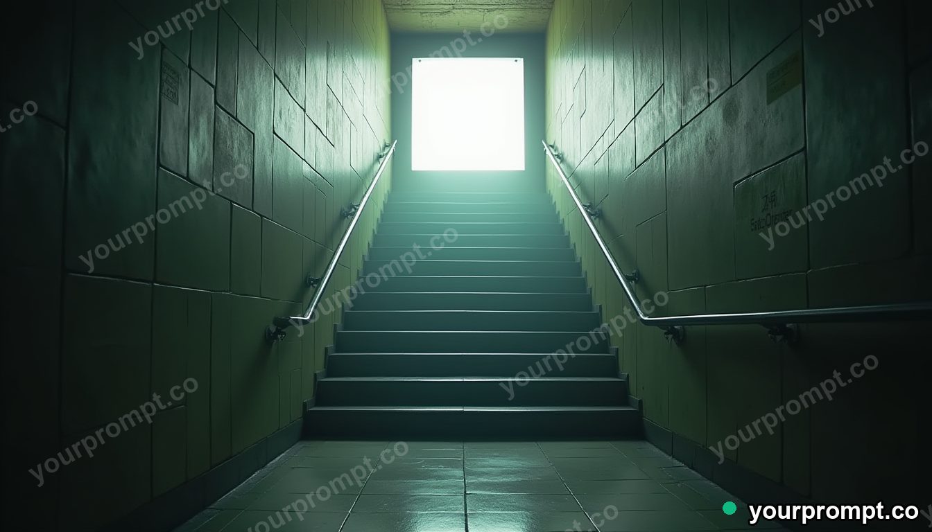 Glass ladder resting under a square patch of artificial sunlight inside an empty underground station · impossible physics surreal — AI-generated image