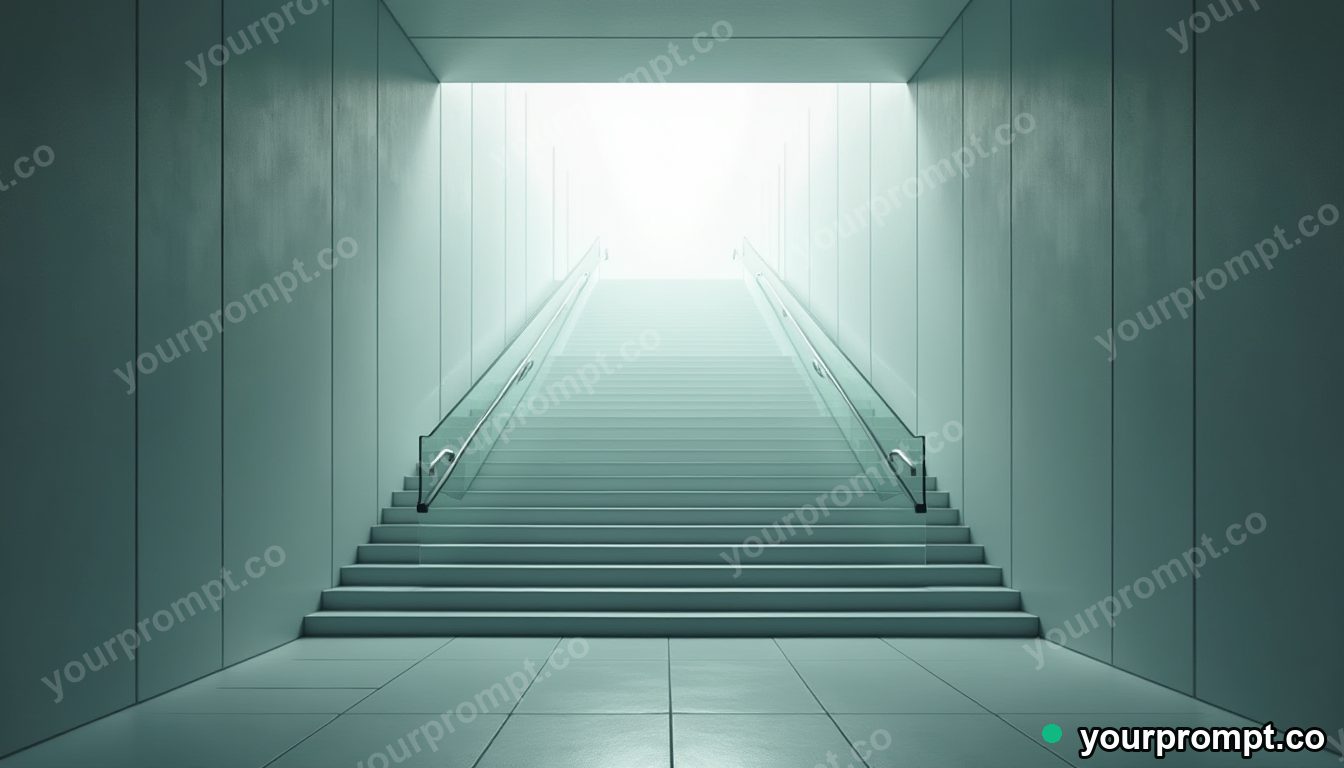 Glass ladder resting under a square patch of artificial sunlight inside an empty underground station · minimal graphic geometry — AI-generated image