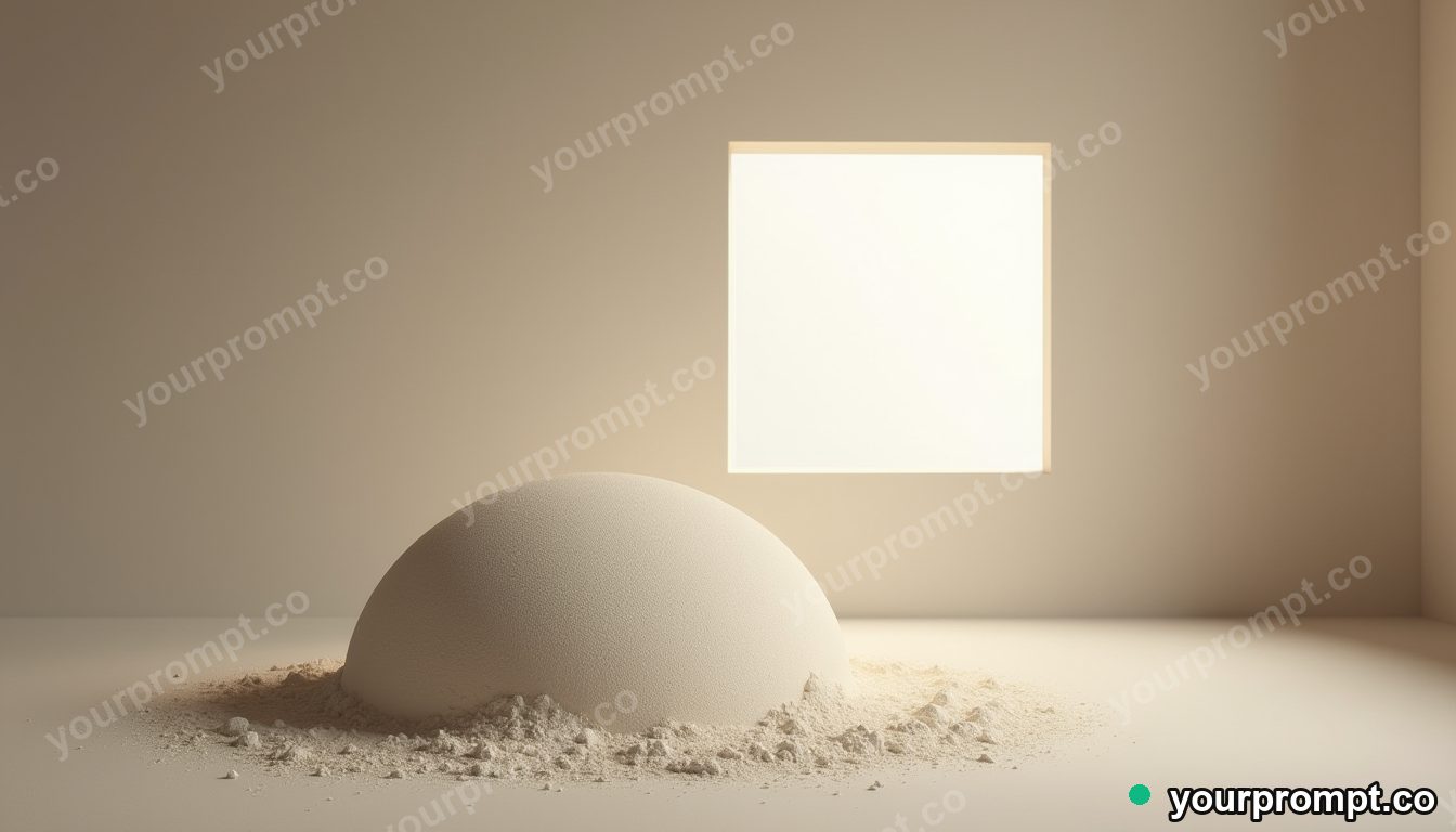 Chalk dust dome resting under a square patch of artificial sunlight inside a closed showroom · premium material editorial — AI-generated image